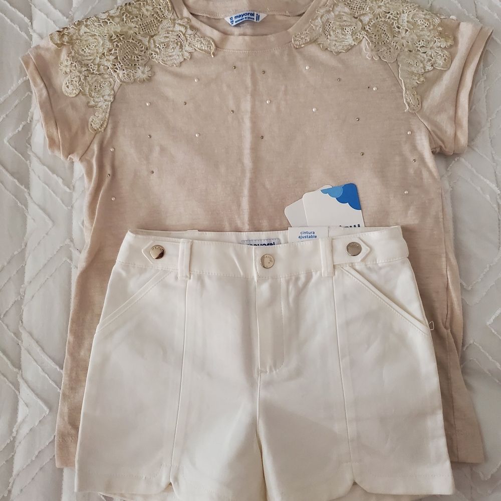Mayoral Girls' Beige Lace Top Size 10 and White Shorts Size 6 Set